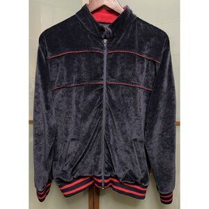 Vintage Mens 70s Velvet Velour Navy & Red Full Zip Golf Track Jacket Hong Kong